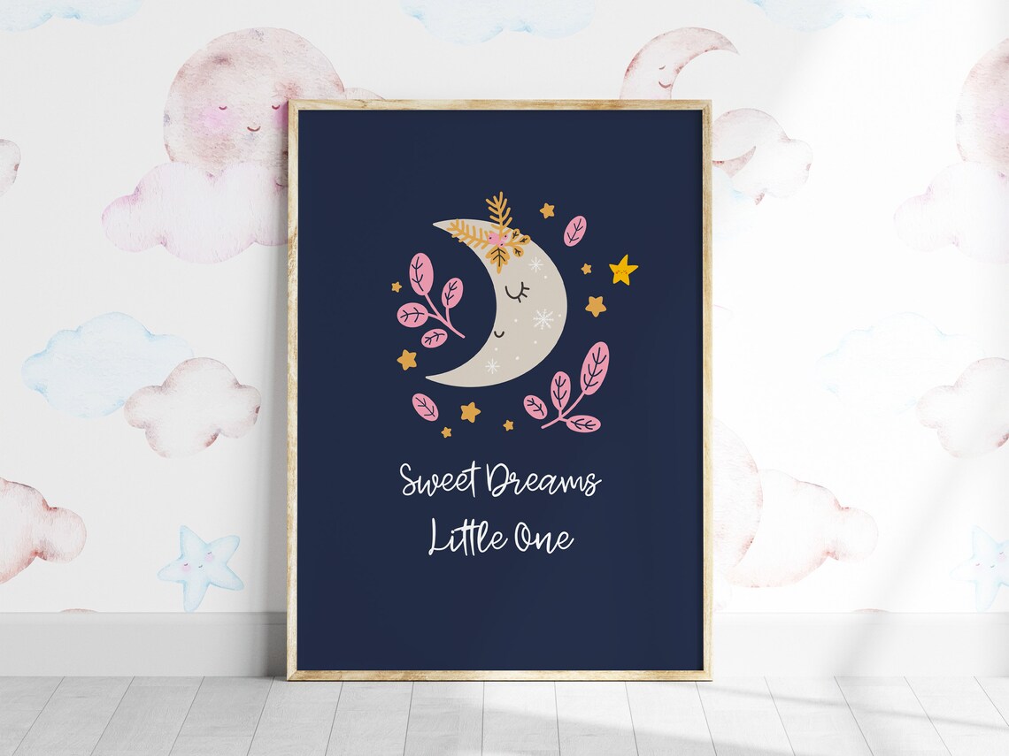 Sweet Dreams Little One Pink Moon Nursery Baby Girl Wall Print