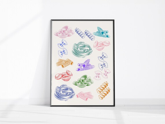 Colorful Pasta Shapes Illustrated Kitchen Boho Italian Food Poster