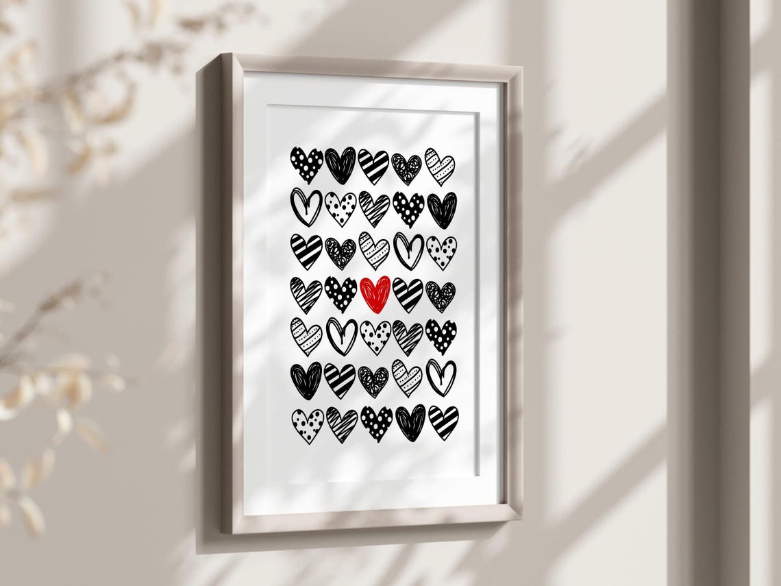 Cute Scribble Love Hearts Black Red Hand Drawn Doodle Poster Art