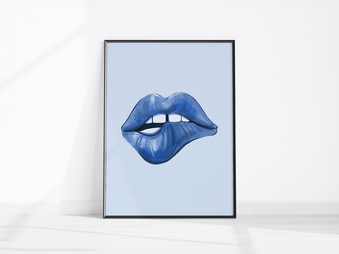 Blue Lips Makeup Art Poster with Bold Glossy Lip Illustration
