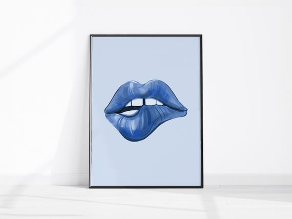 Kiss Fashion Decor Trendy Blue Lips Poster Make Up Wall Art Print Electric Funky Home Office Pop
