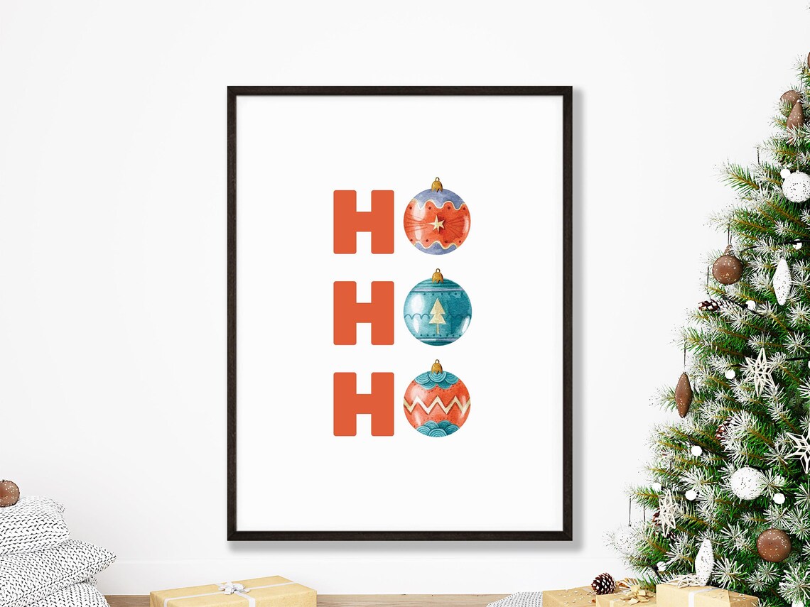 Ho Ho Ho Christmas Bauble Ornament Orange Blue Trendy Wall Art