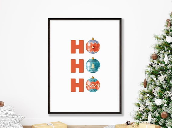 Ho Ho Ho Christmas Bauble Ornament Orange Blue Trendy Wall Art