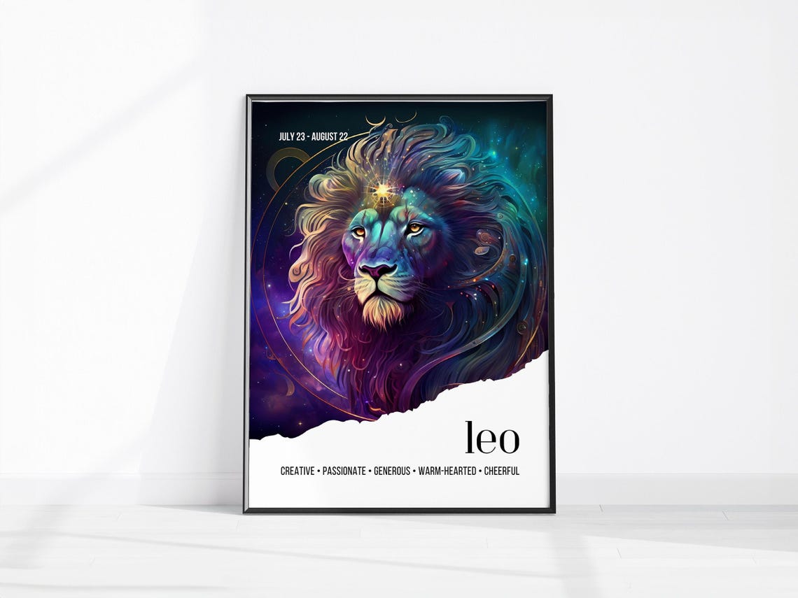 Leo Zodiac Sign Poster with Cosmic Lion Head and Starry Sky Art