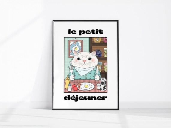 French Caf Cat Print Retro Breakfast Poster Le Petit Dejeuner Cute Kitchen Wall Art Decor Dining Room
