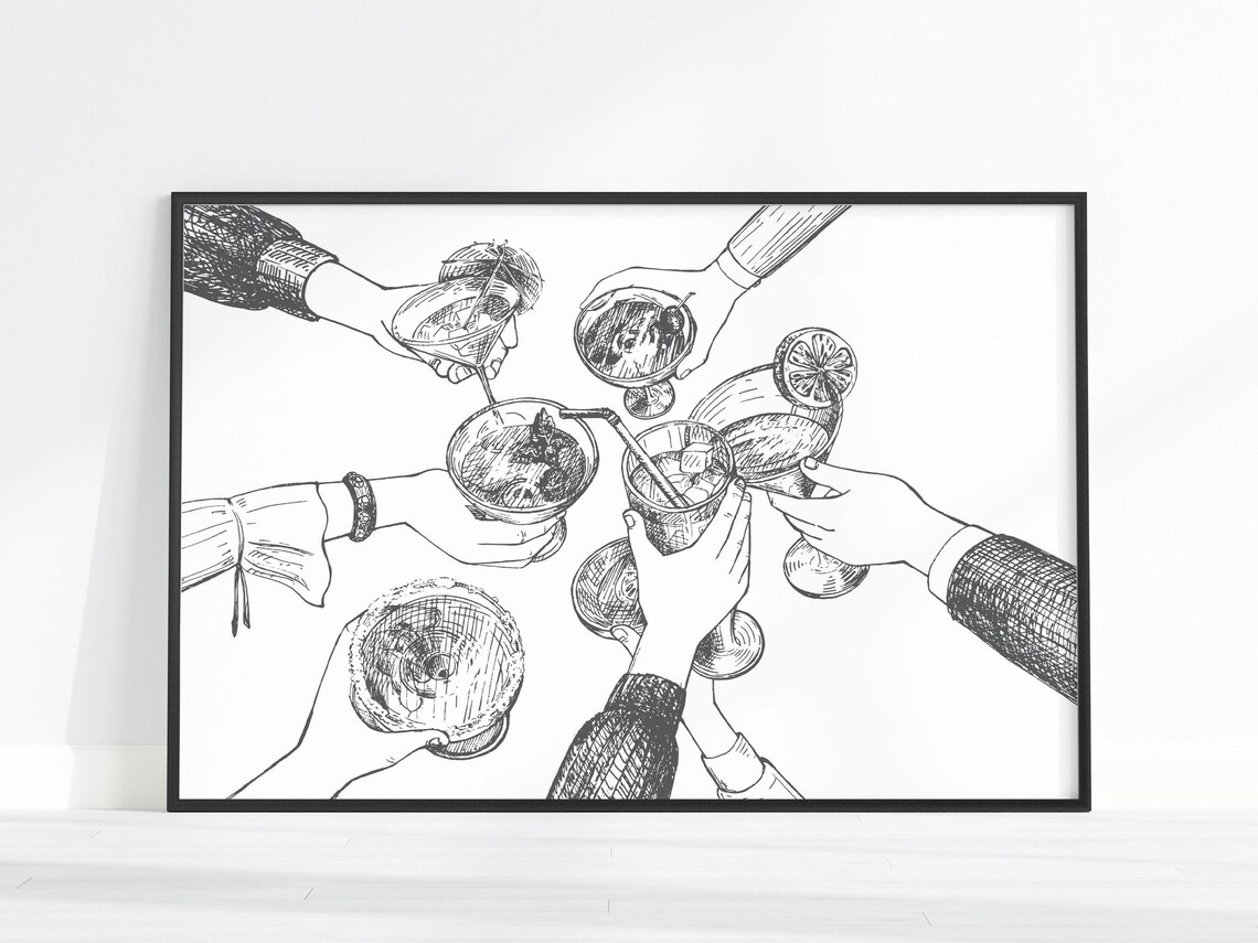 Cheers Cocktail Toast Bar Cart Ink Sketch Hands Raising Drinks Party Art Poster