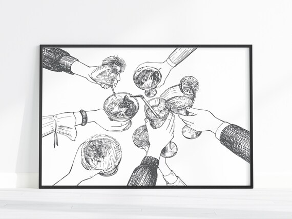 Cheers Cocktail Toast Bar Cart Ink Sketch Hands Raising Drinks Party Art Poster