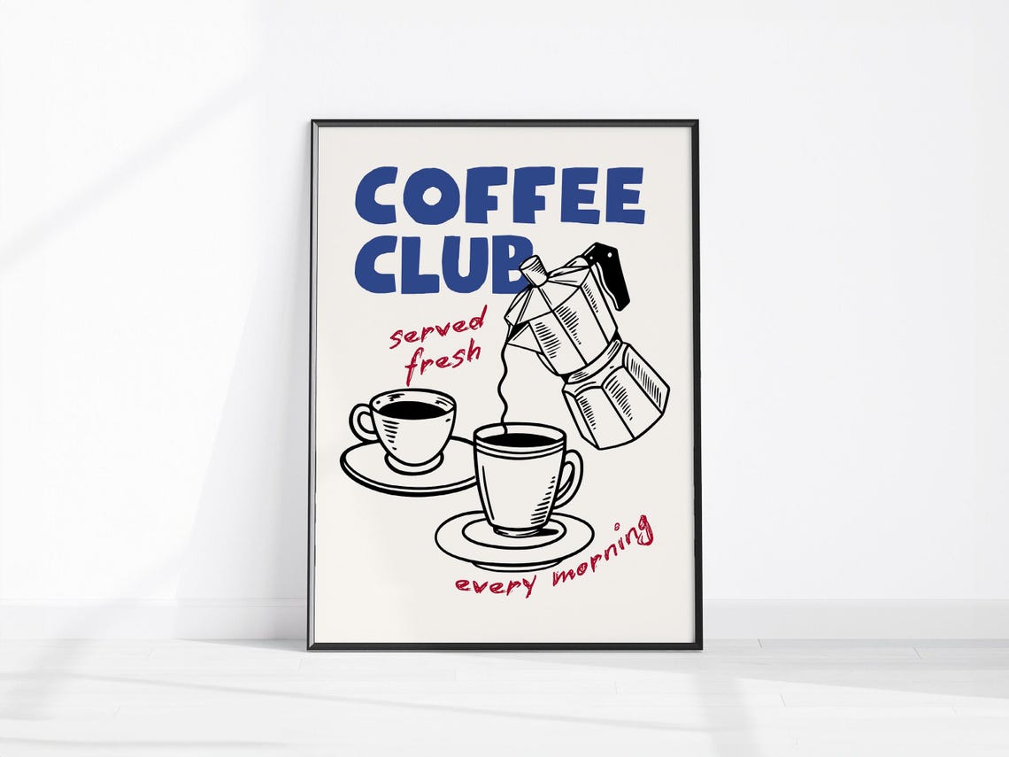 Coffee Club Served Fresh Retro Hand Drawn Moka Pot Kitchen Poster
