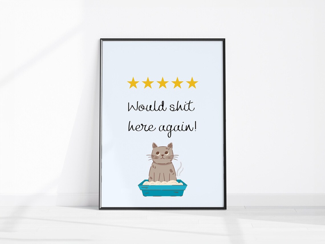 Funny Cat Litter Box Review Five Star Bathroom Humor Art Poster