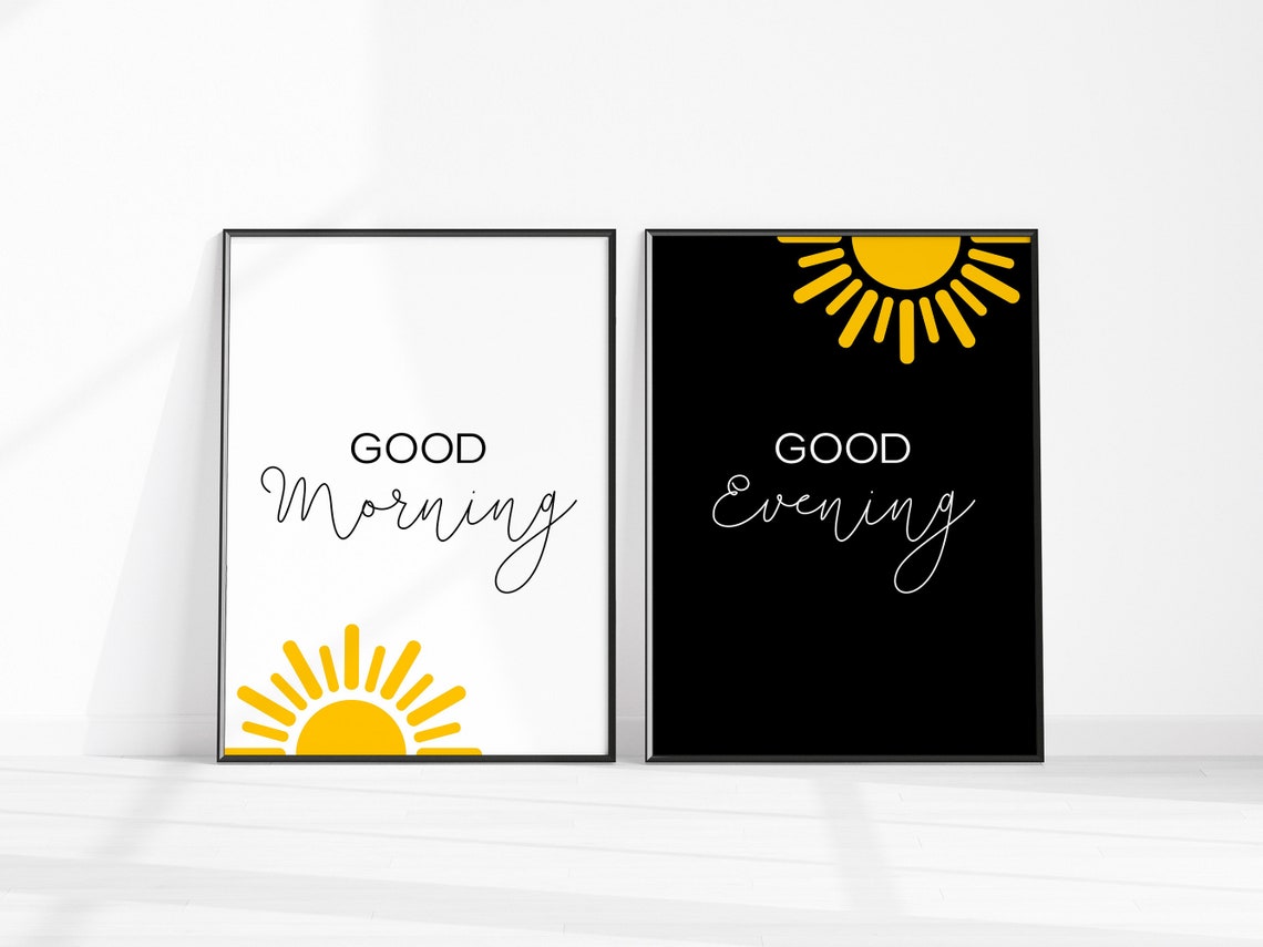 Good Morning Good Evening Sun Typography Set Of 2 Bedroom Poster
