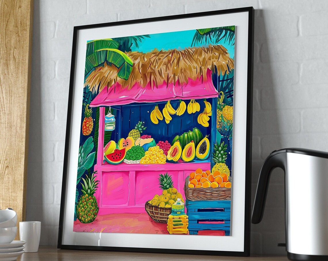 Tropical Fruit Shop Colourful Decor Kitchen Wall Art Pink Illustration - Image 3