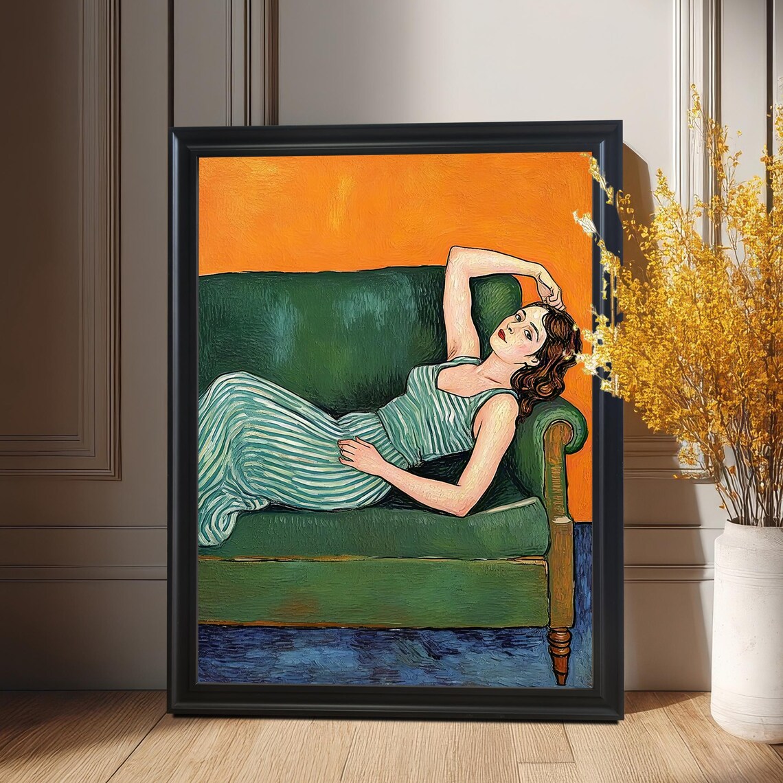 Woman Reclining on Green Couch Against Orange Wall Painting Poster