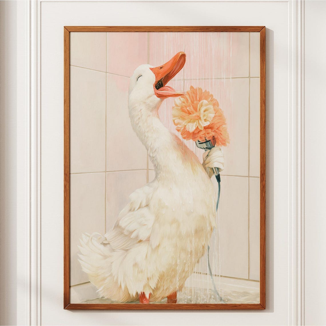 White Duck Singing in the Shower Loofah Funny Bathroom Art Poster