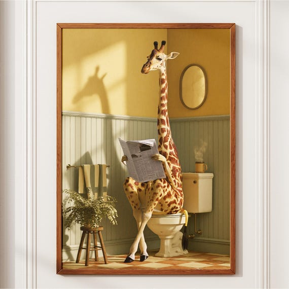 Funny Bathroom Wall Art Giraffe On Toilet Reading Book Print Whimsical Decor Lover Gift Quirky Powder Room Poster