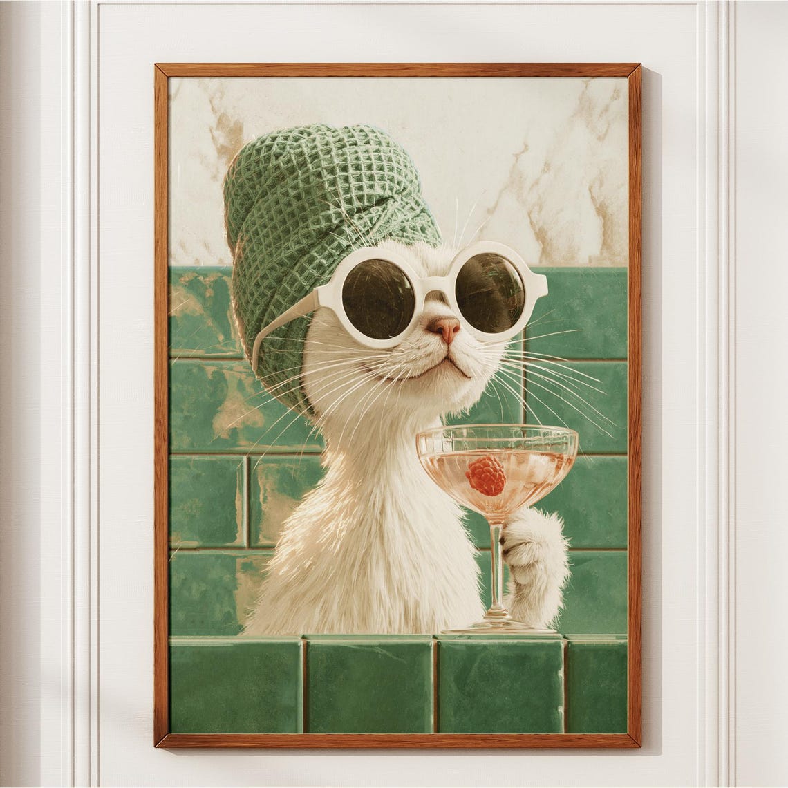 White Cat In Towel And Sunglasses Drinking Cocktail Bathroom Poster