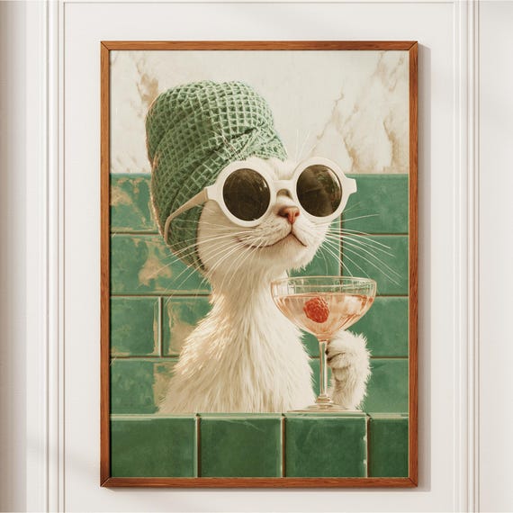 White Cat In Towel With Cocktail Funny Bathroom Wall Art Spa Print Quirky Powder Room Decor Lover Gift Retro Bar Cart Poster