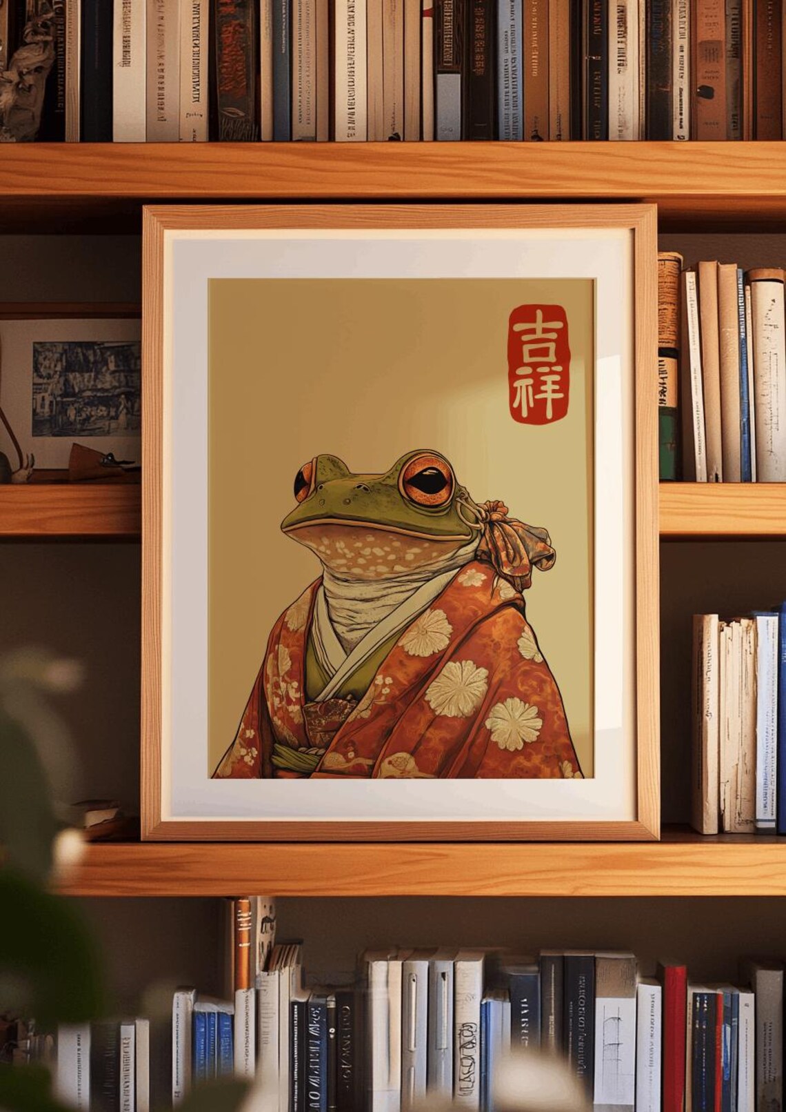 Japanese Frog in Kimono Vintage Woodblock Style Animal Wall Art - Image 5