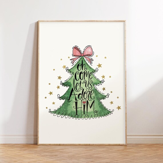 Oh Come Let Us Adore Him Whimsy Watercolor Christmas Tree Poster