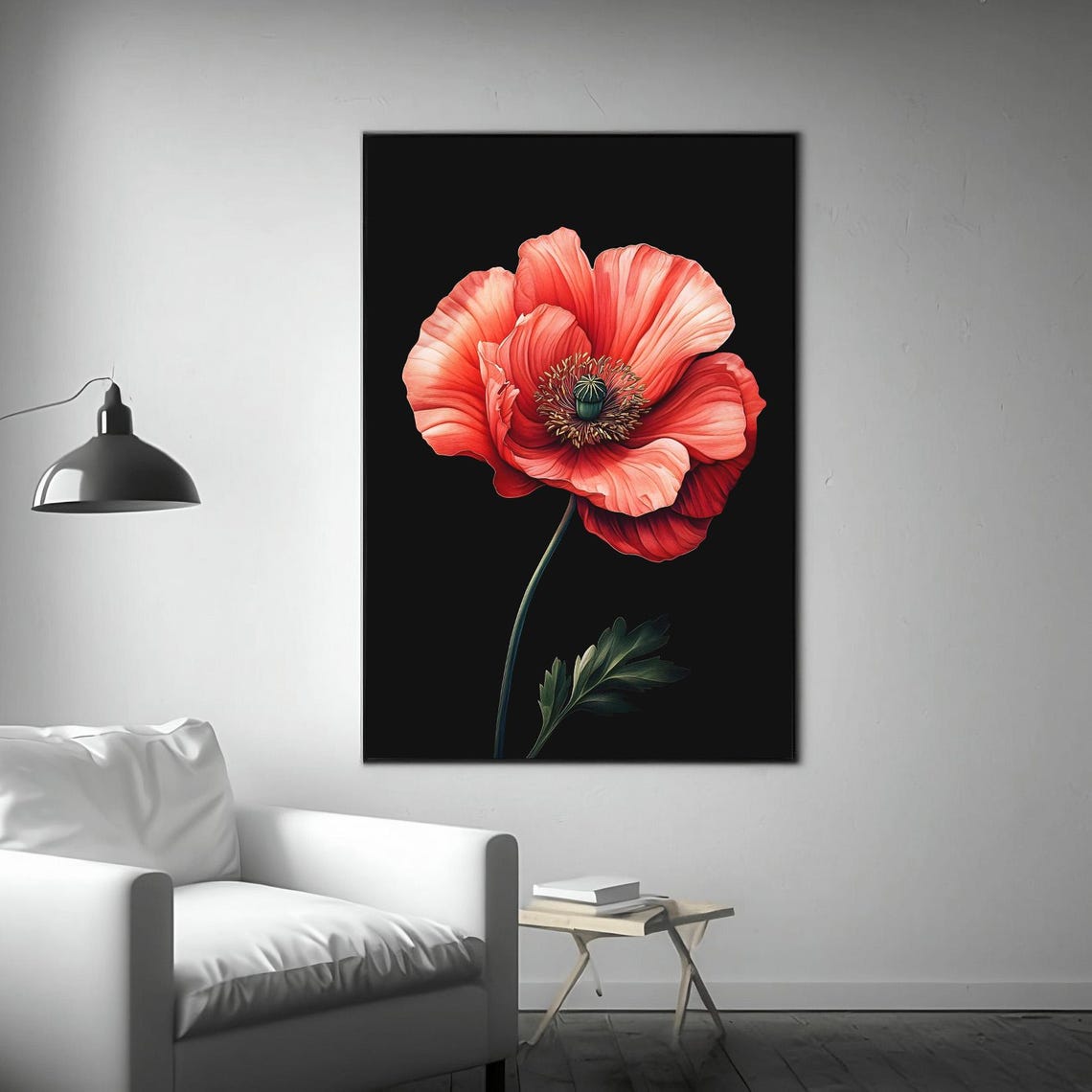 Red Poppy Bloom Close Up Black Background Dramatic Floral Wall Print - Image 3