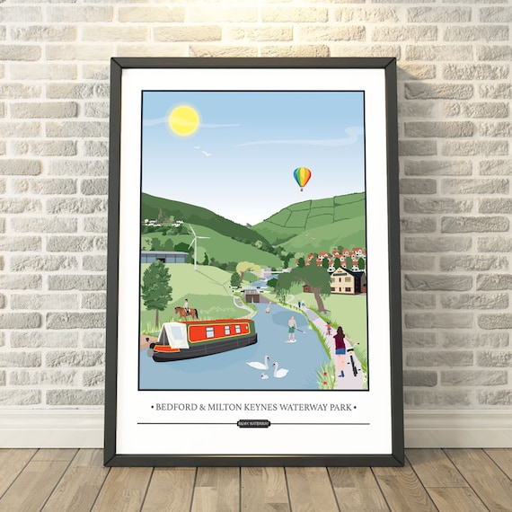 Bedford Milton Keynes Waterway Park Narrowboat Travel Poster