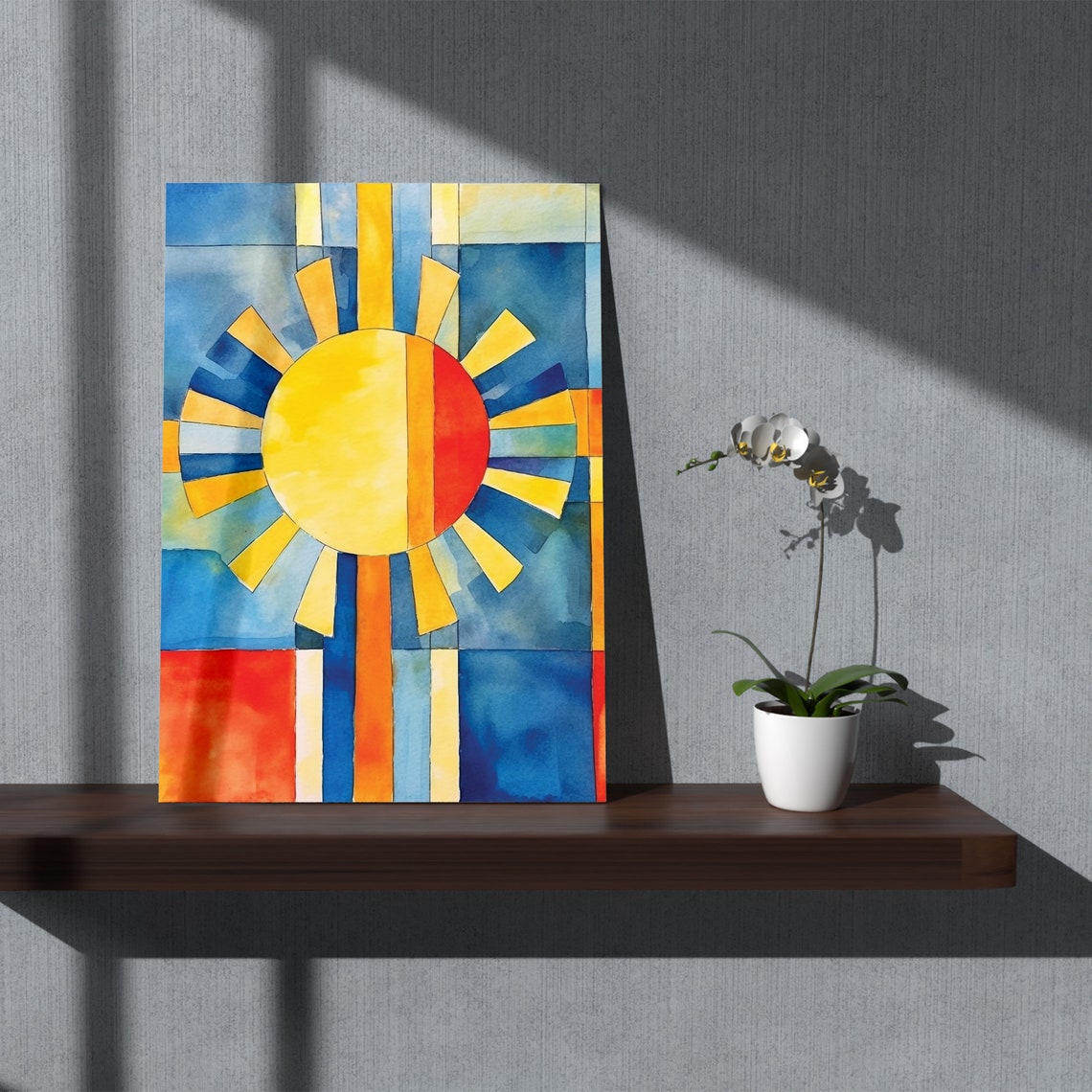 Geometric Yellow Sun Rising On Blue Red Art Deco Style Poster