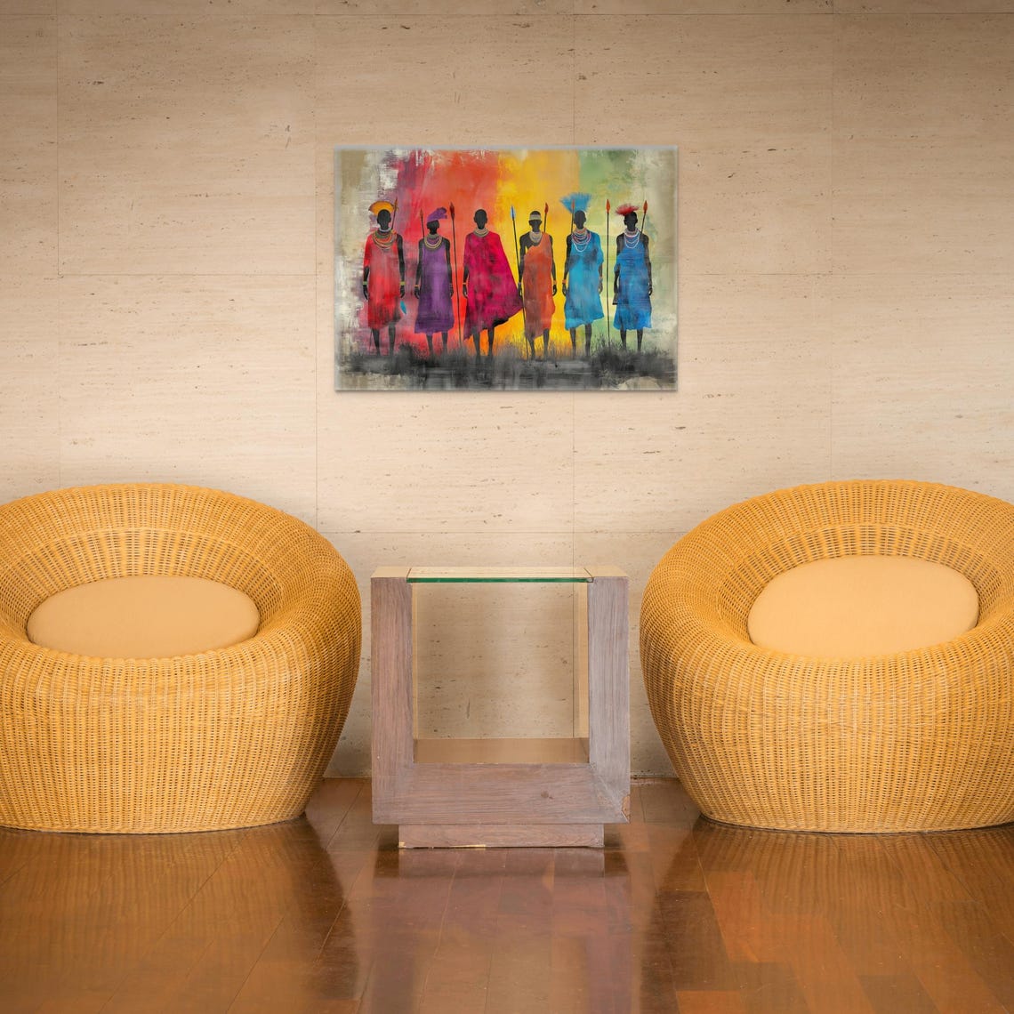 Colorful African Warriors Silhouette Red Blue Robes Sunset Wall Art - Image 4