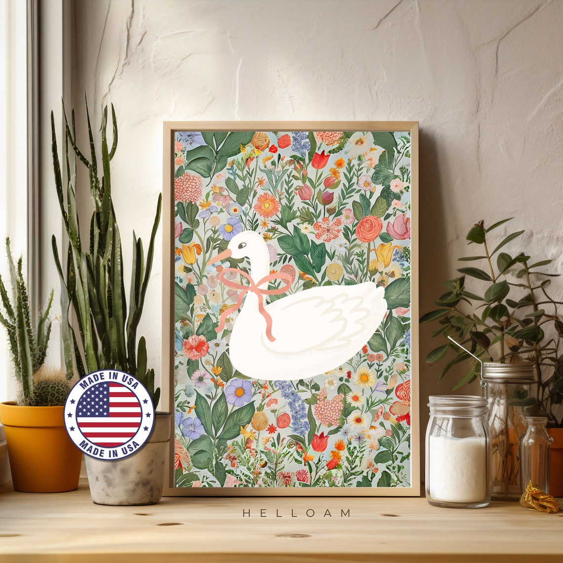 Coquette White Goose Pink Bow Botanical Floral Nursery Wall Art