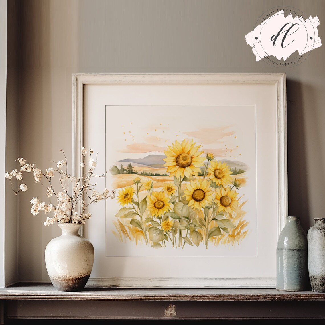 Sunflower Field Golden Hour Watercolor Meadow Landscape Poster