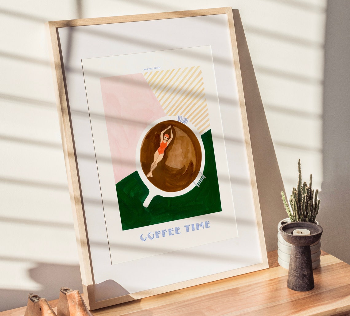 Retro Swimmer Floating In Giant Coffee Cup Pink Green Kitchen Wall Art - Image 2