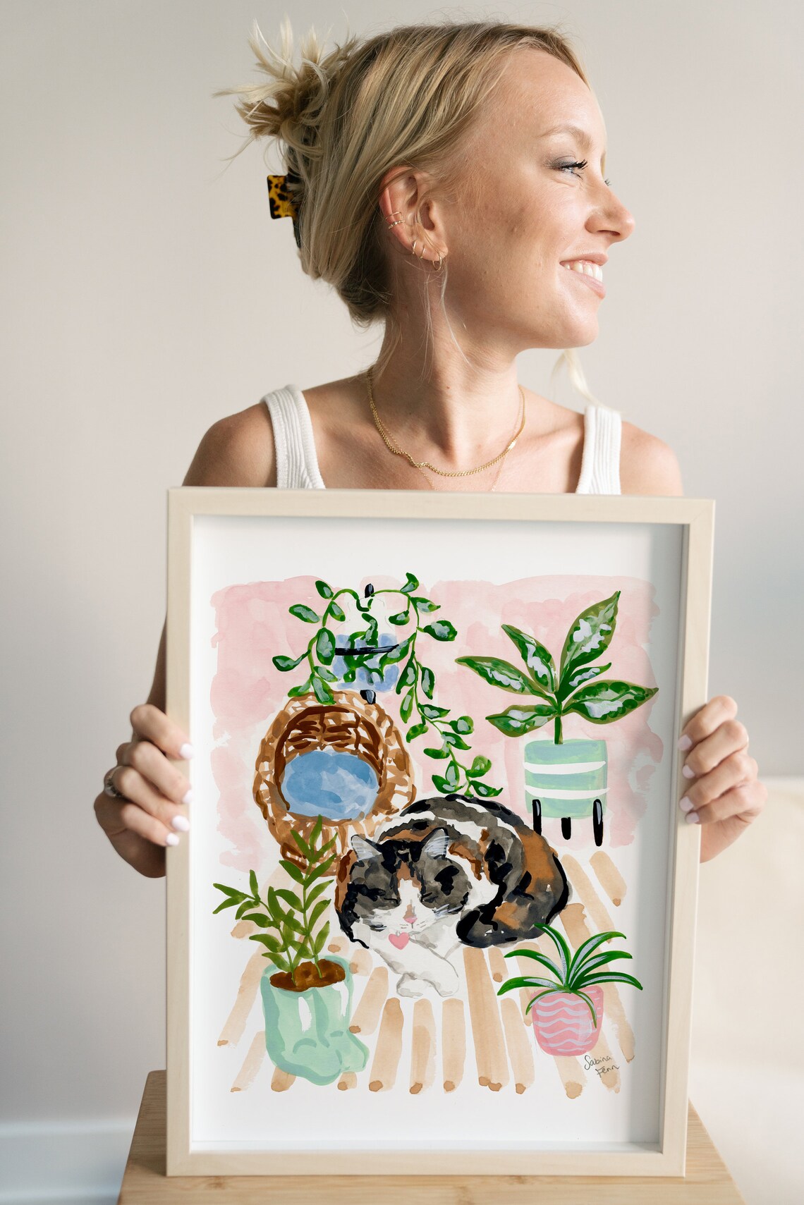 Sleeping Cat Print, Watercolor Cat and Plants - Image 2