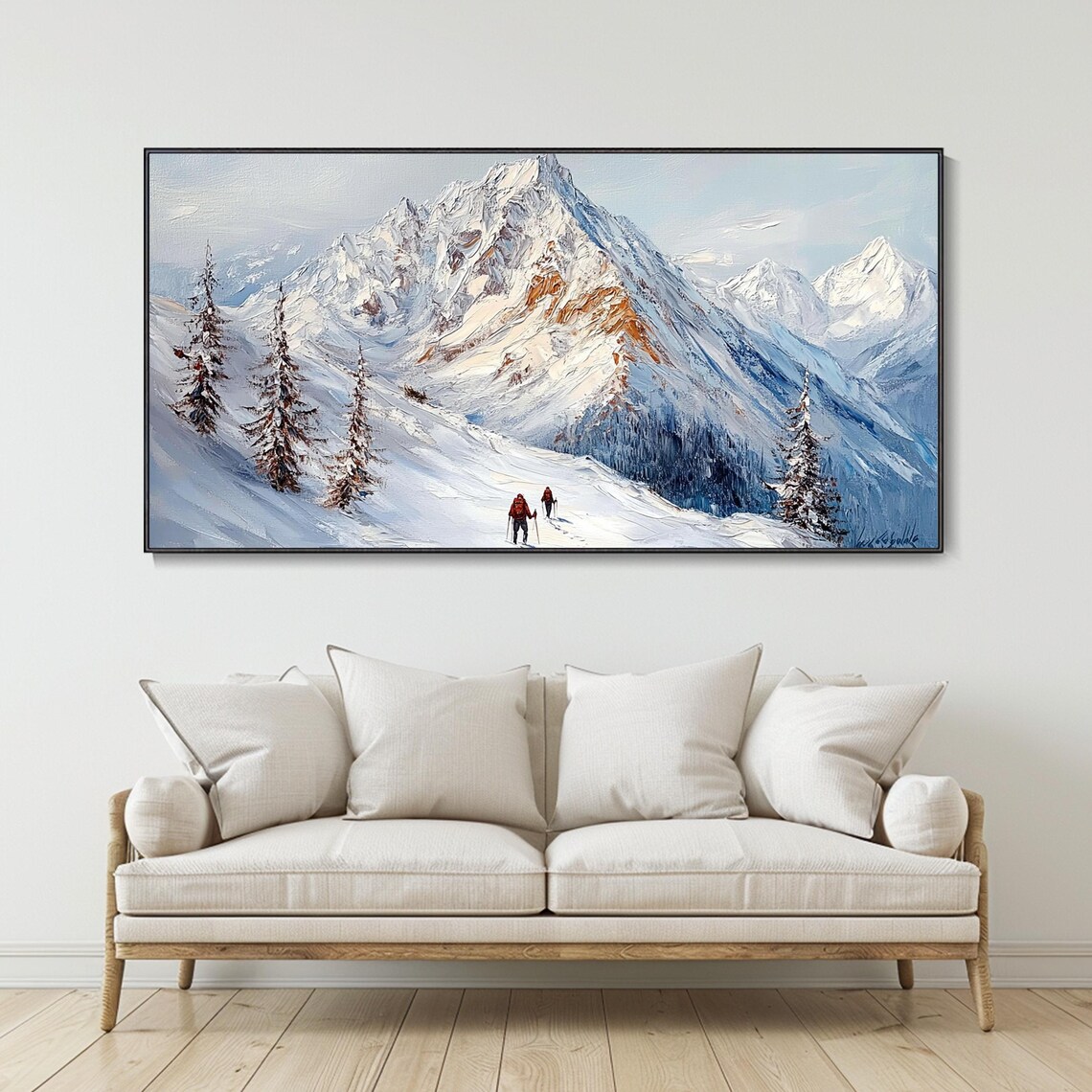 Snowy Mountain Trail Hikers Alpine Peaks Textured Landscape Poster - Image 2