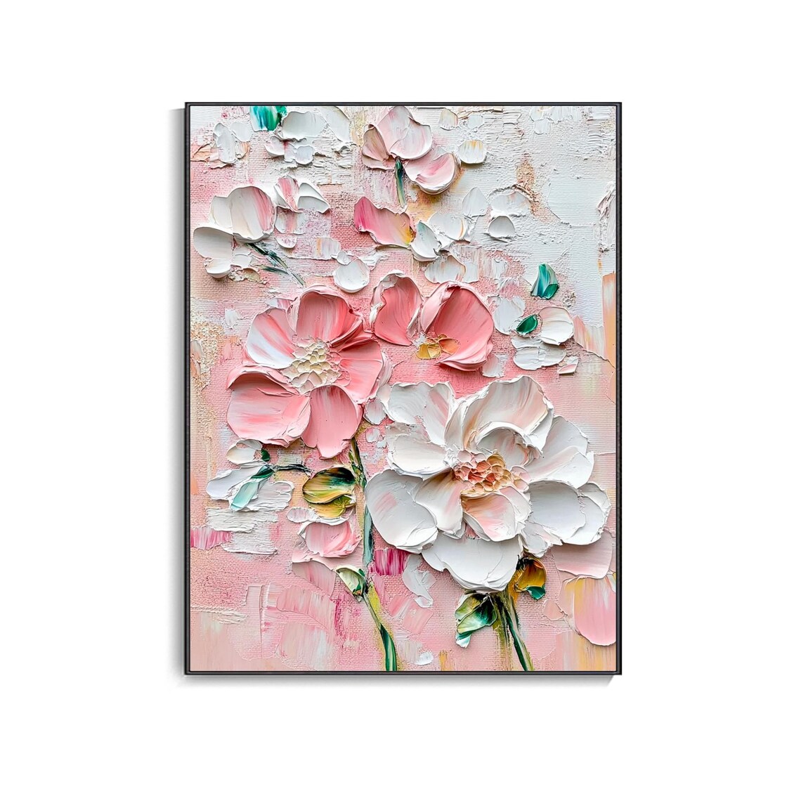 Pink and White Flowers Palette Knife Textured Floral Painting Poster - Image 3