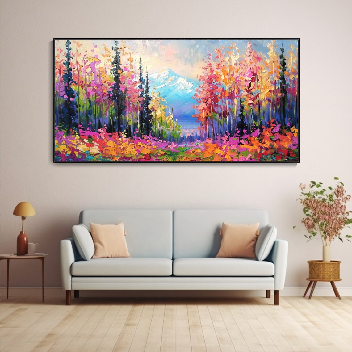 Colorful Autumn Forest Path to Snowy Mountain Textured Art Poster - Image 3