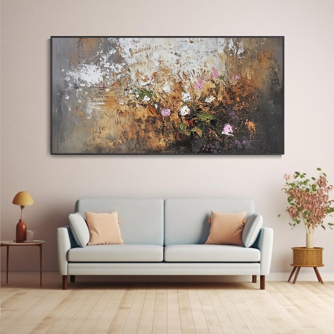 Moody Abstract Pink Blossoms On Dark Gray Gold Textured Poster - Image 3