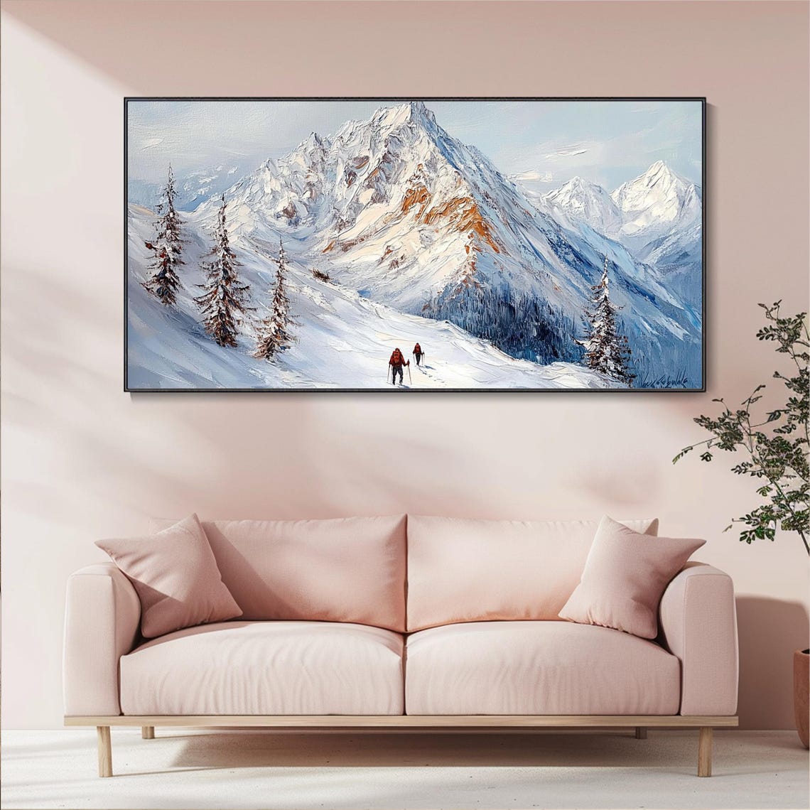 Snowy Mountain Trail Hikers Alpine Peaks Textured Landscape Poster - Image 5