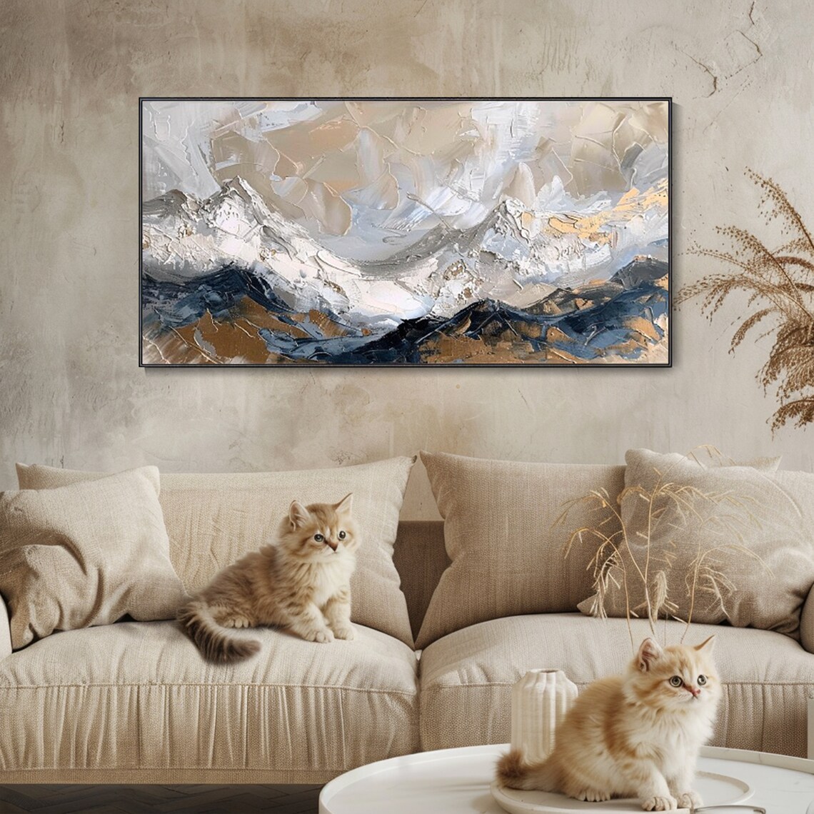 Abstract Snowy Peaks White Gold Gray Textured Mountain Poster - Image 3