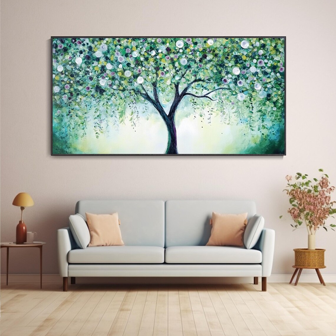 Teal Green Tree Of Life With Blossoms Abstract Impasto Poster - Image 4