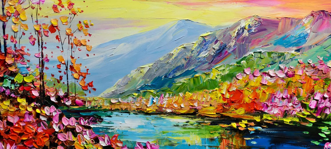 Sunset Mountain Valley with River and Blossom Trees Landscape Poster - Image 2