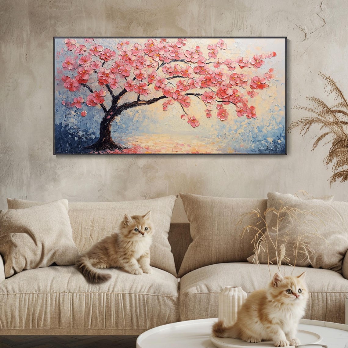 Pink Blossom Tree Horizontal Panoramic Cherry Painting Poster - Image 3