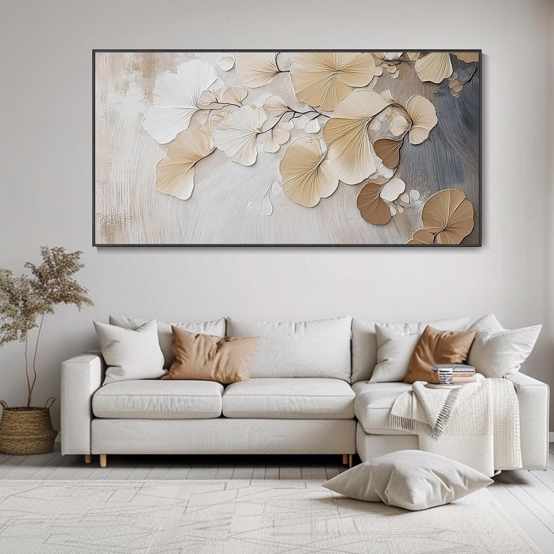 Soft Beige Ginkgo Leaves Textured Botanical Painting Neutral Poster - Image 2