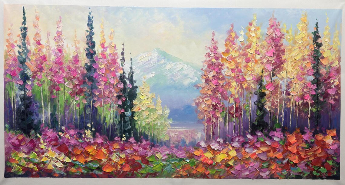 Colorful Autumn Forest Path to Snowy Mountain Textured Art Poster - Image 4