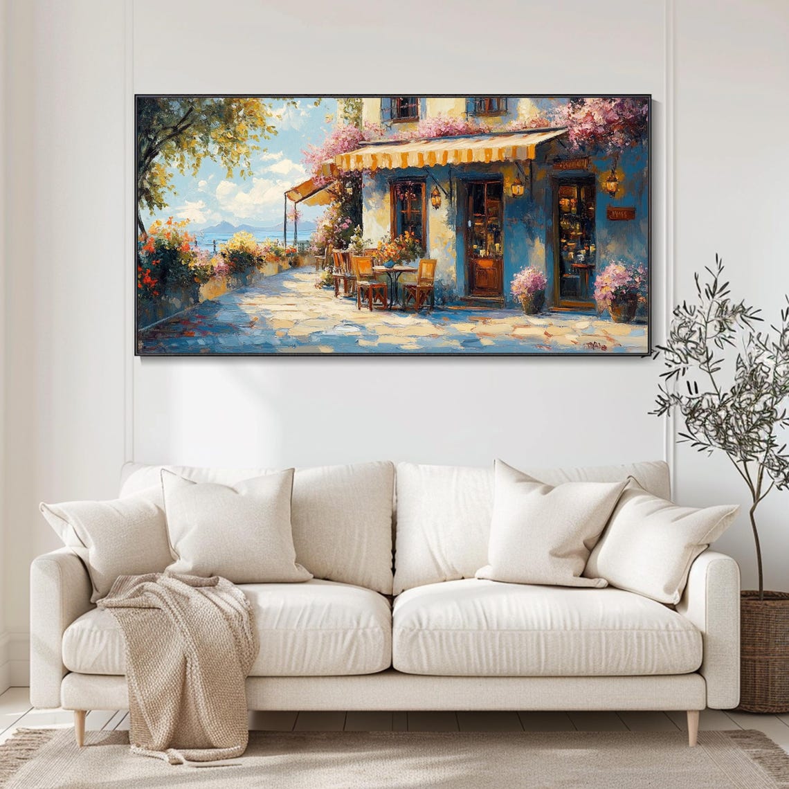 Mediterranean Seaside Cafe Blue Facade Coastal Holiday Painting Poster - Image 4