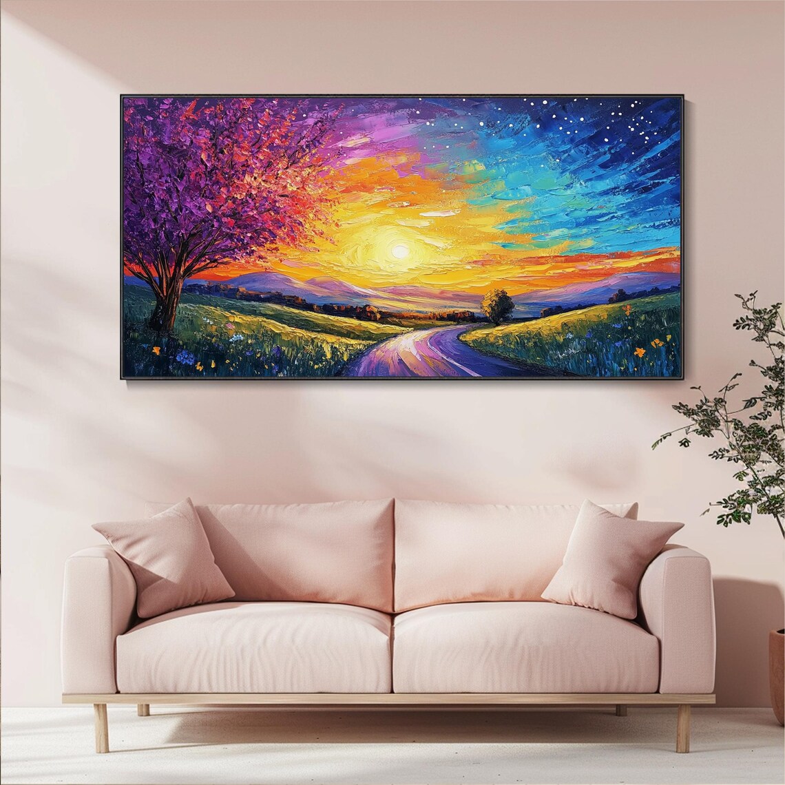 Sunset Starry Night Sky Mountain Country Road Oil Painting Poster - Image 5
