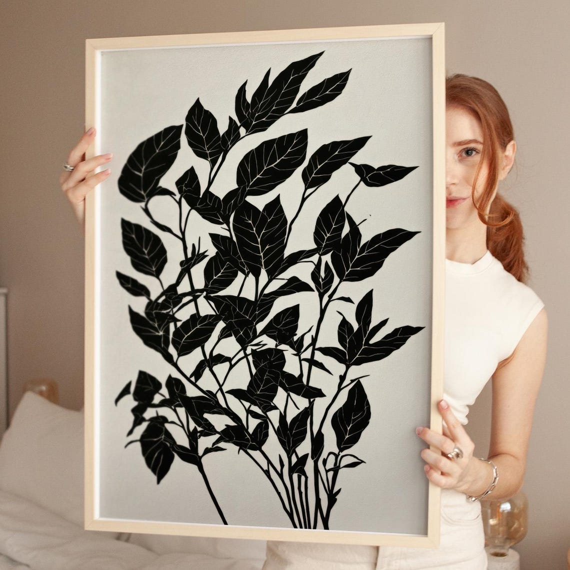 Black and White Botanical Leaf Silhouette Minimalist Art Poster