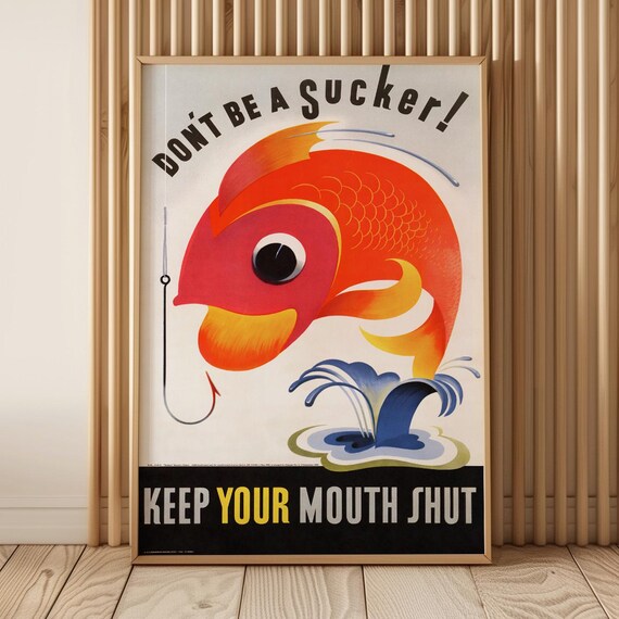Dont Be A Sucker 1942 Wwii Fish Poster Keep Your Mouth Shut Propaganda Mid Century Military Art Retro War Print