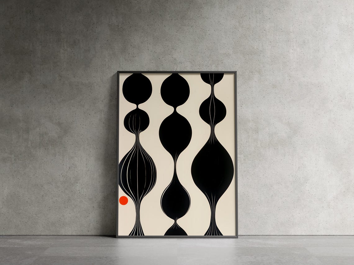 Mid Century Black Geometric Shapes With Red Dot Abstract Art Poster