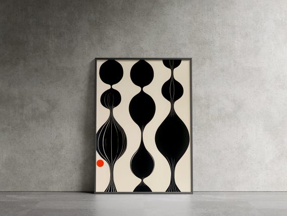 Mid Century Black Geometric Shapes With Red Dot Abstract Art Poster