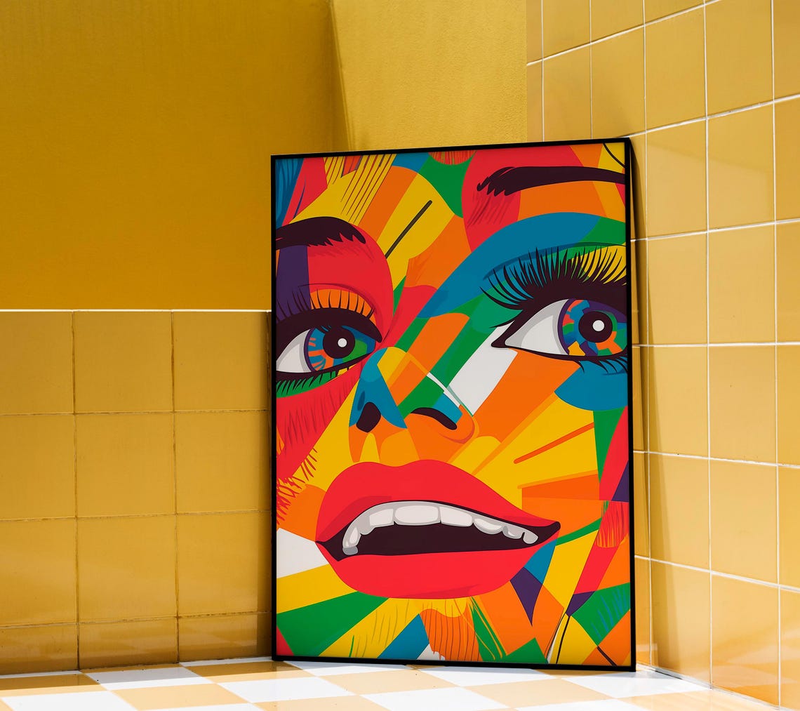 Rainbow Fragment Face Maximalist Retro Pop Color Burst Art Poster