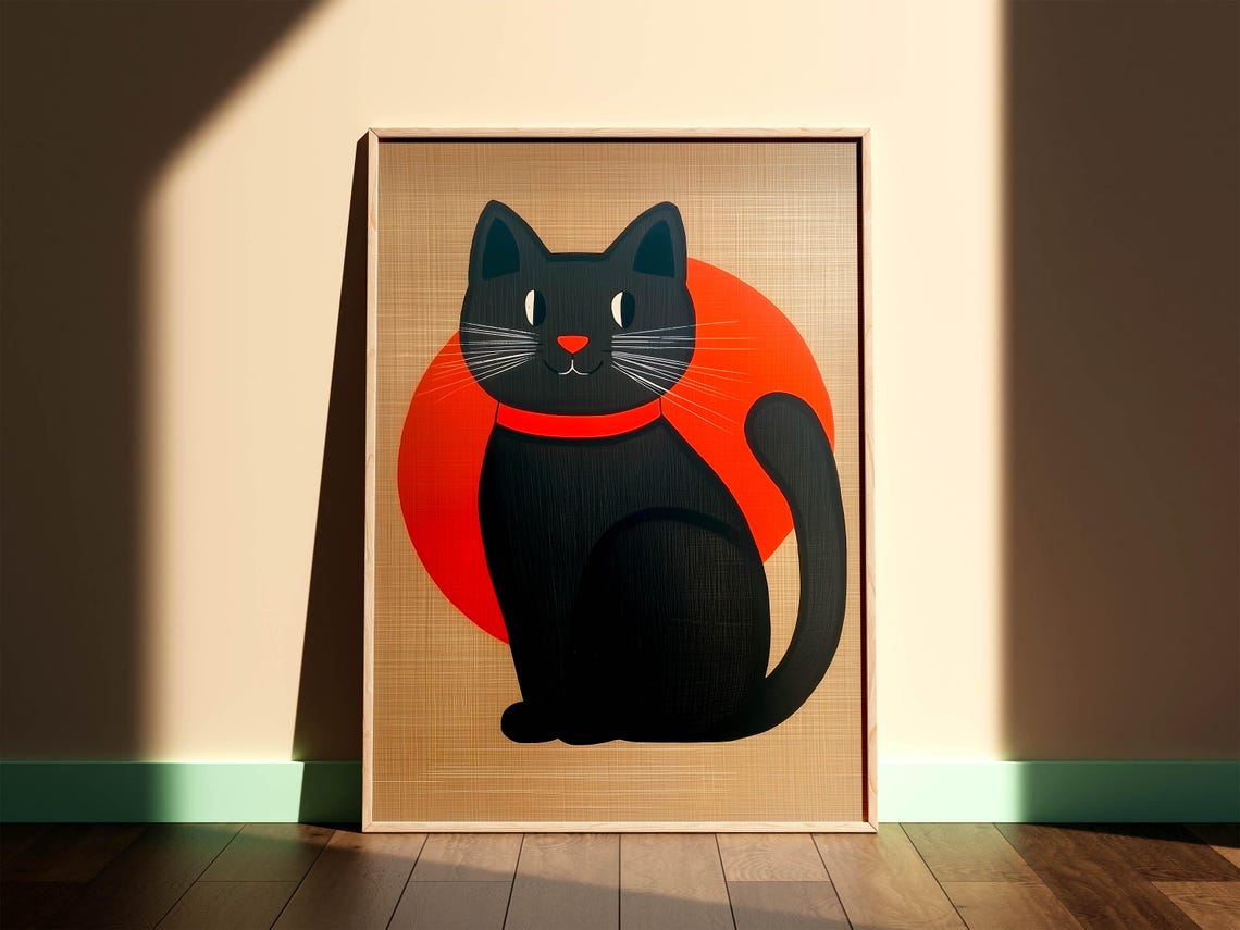 Minimalist Black Cat With Red Sun Circle Japanese Style Poster