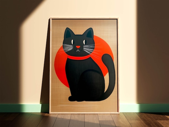 Minimalist Black Cat With Red Sun Circle Japanese Style Poster